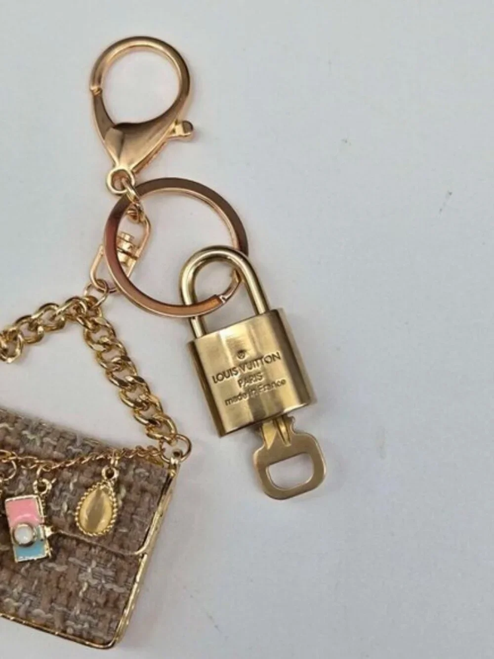 Authentic Louis Vuitton Padlock & Key Gold ✨Unbranded Tweed Bag Charm Keychain